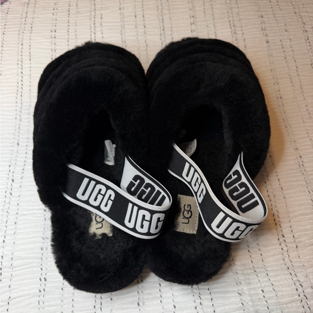 UGG Black Fluffy Slides with Logo Strap